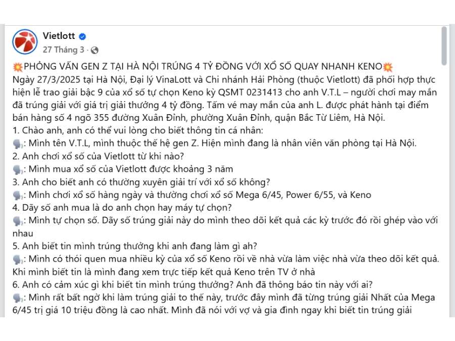 Chia sẻ của khách hàng may mắn trúng 4 tỷ đồng xổ số Keno (Nguồn: Fanpage Viettlot)