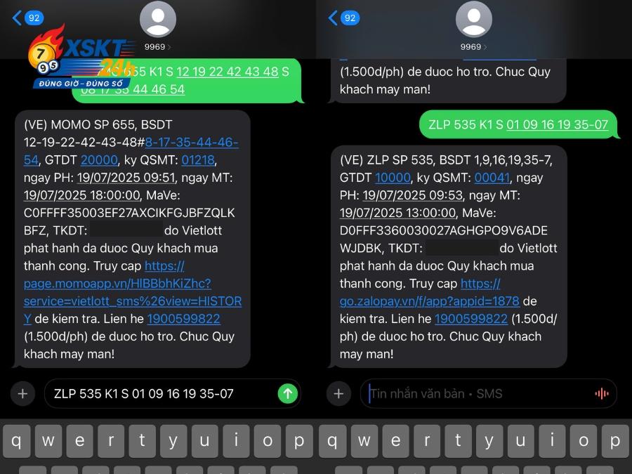SMS Xác nhận mua thành công Vietlott trên ZaloPay